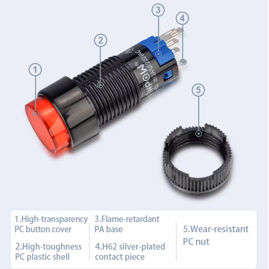 Onpow 8mm 照光式丸頭押しボタン スイッチ (LAS4Y-11/R/12V、CE、CCC、RoHS)